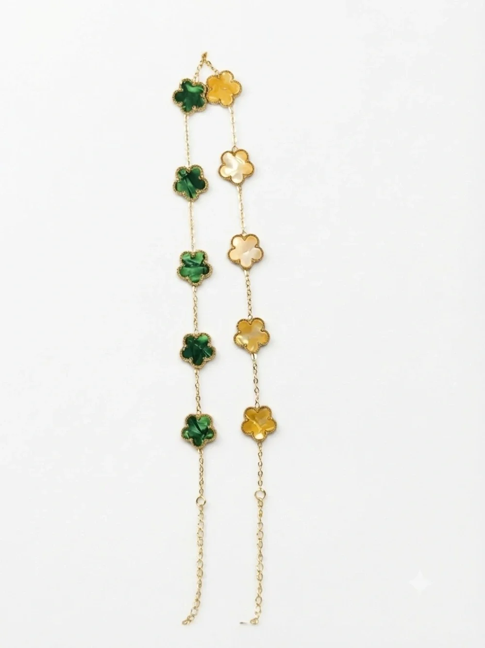 Gold Chain Necklace with Green and Yellow Clover Pendants